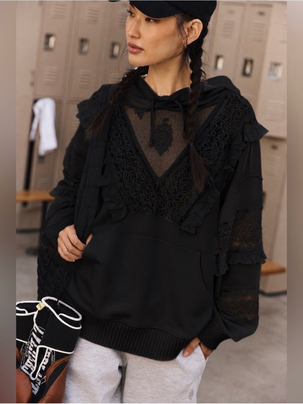 FREE PEOPLE MOVEMENT • NWT studio tunic hoodie in black mesh lace Medium
